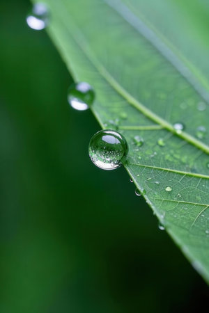 Water drop on green leaf with shallow depth of field and copy spaceの素材