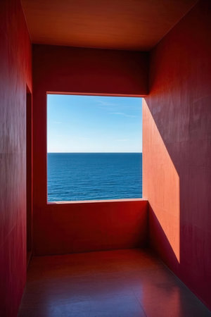 View of the sea from the terrace of a house with red wallsの素材