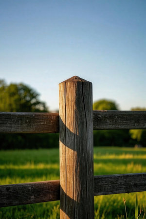 Wooden fence on a meadow in front of a blue skyの素材