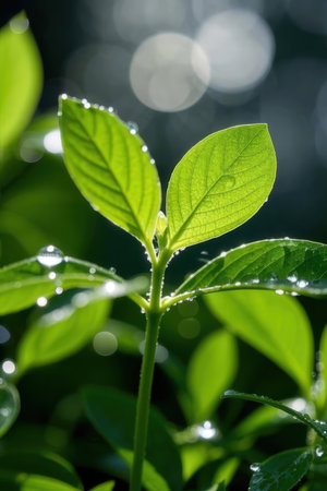 Green leaves with dew drops in the morning. Nature background.の素材