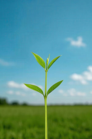 Young green sprout on a background of the blue sky with cloudsの素材