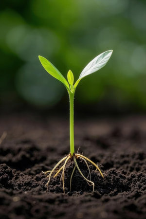 Green seedling illustrating concept of new life and beginning to grow.の素材