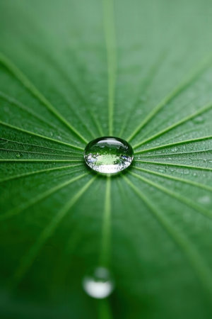 Water droplets on a green leaf. Shallow DOF.の素材