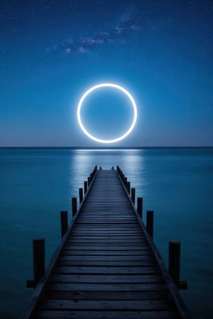 The moon over the wooden pier at night. Long exposure photography.の素材
