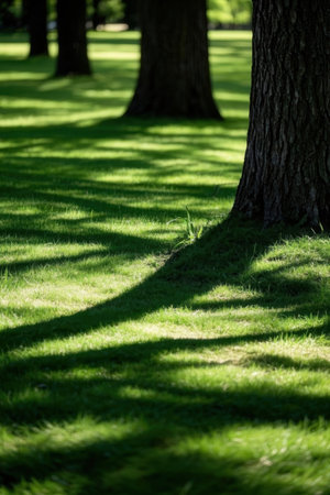 Lawn in the park with shadows of trees and green grass.の素材