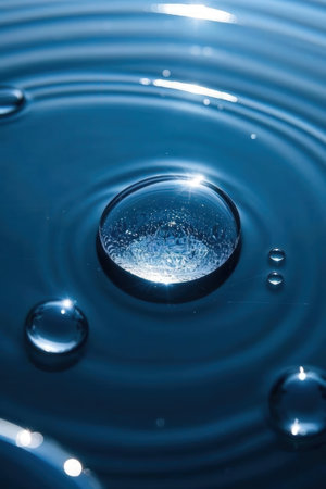 Water drop close up macro photography. Blue water surface with ripplesの素材