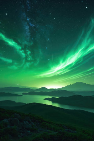 Aurora borealis in the night sky over mountains and lakeの素材