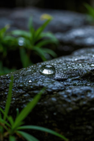 Water drop on stone in the garden. Nature background. Selective focus.の素材