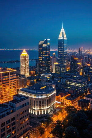 Aerial view of Chicago downtown at night, Illinois, USA.の素材