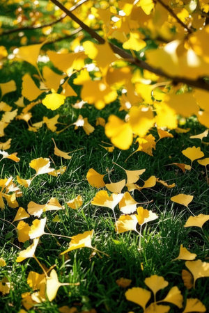 Ginkgo leaves on the grass in the park. Autumn backgroundの素材
