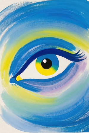 Blue and yellow eye of a child drawing with a brush on white paperの素材