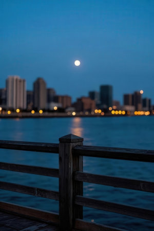 night view of japanese cityscape with moon and wooden pierの素材