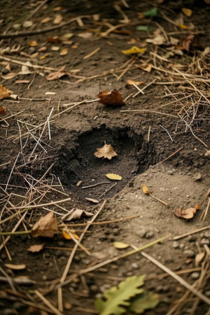 A hole in the ground in which there is a fallen leaf.の素材