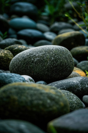 Close-up of pebble stones in the garden with green grassの素材