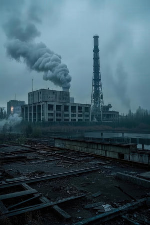 Factory with smoking chimneys in the fog. Chernobyl area, Ukraineの素材