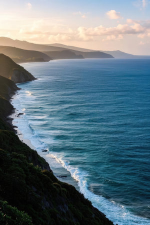 Beautiful seascape with ocean waves at sunset, South Africaの素材