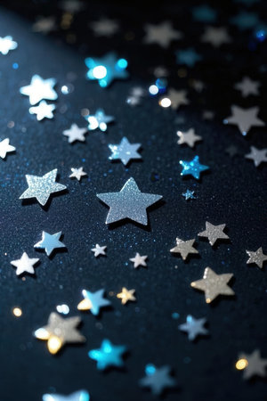 Silver and blue stars on a black background. Shallow depth of field.の素材