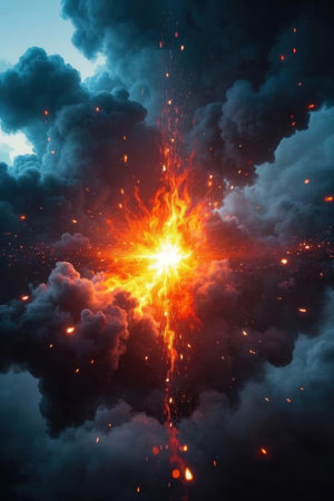 Fiery explosion in the dark sky. 3D illustration. Abstract background.の素材