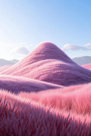 Beautiful landscape with pink grass and blue sky. 3d renderingの素材
