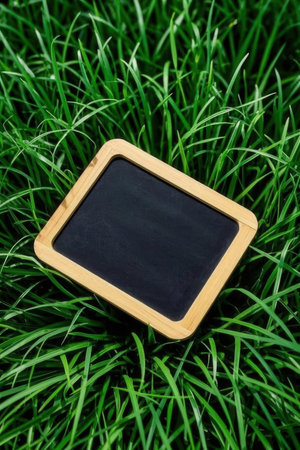 Empty blackboard on green grass background. Back to school concept.の素材