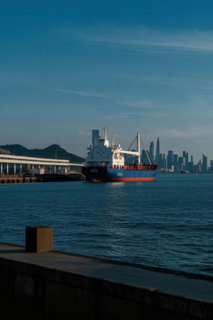 Container ship in Hong Kong harbor with Hong Kong skyline in the backgroundの素材