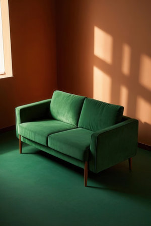 Green sofa in a room with a window on the background and sunlightの素材