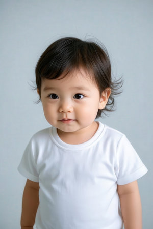 Portrait of a cute little asian girl on gray background.の素材