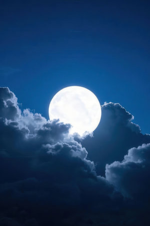 full moon in the dark blue sky with white clouds and sun raysの素材