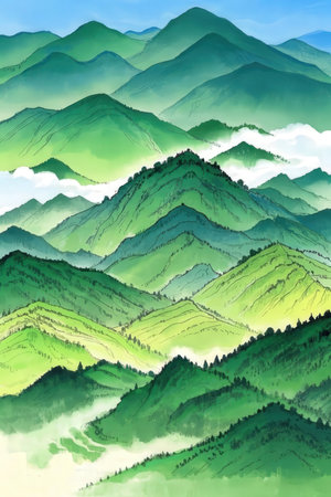Mountains in the clouds. Watercolor painting. Vector illustration.の素材