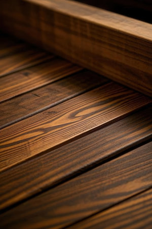 Wooden stairs close-up. Natural wooden background with copy space.の素材