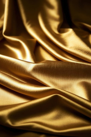 Gold satin texture background. Close up of rippled golden silk fabric.の素材