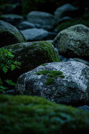 Green moss on rocks in the forest at night. Selective focus.の素材