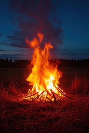 Beautiful bonfire in the field at night with stars in the skyの素材