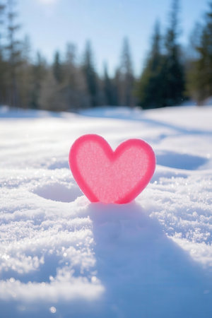Pink heart on snow in winter forest. Valentines day background.の素材