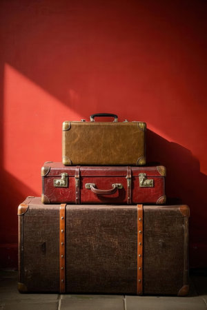 Vintage suitcases on a red wall background. Travel concept.の素材