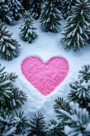 Heart on the snow in the winter forest. Valentines day backgroundの素材