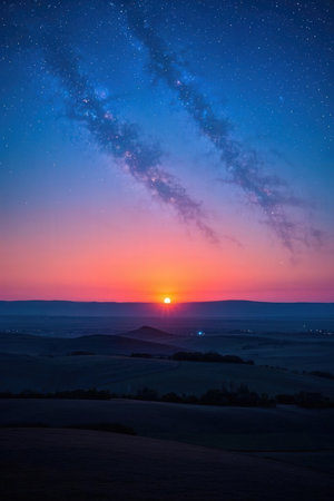 Milky Way over the sunset in Tuscany, Italy.の素材