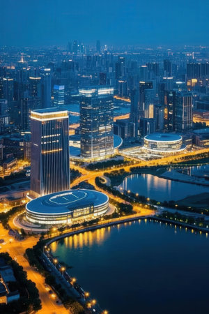 Aerial view of Suzhou city at night, Jiangsu Province, Chinaの素材