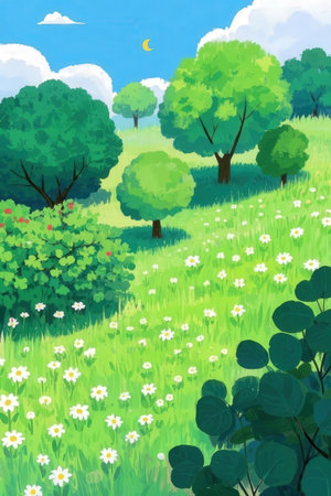 Summer landscape with green meadow, trees and flowers. Vector illustration.の素材