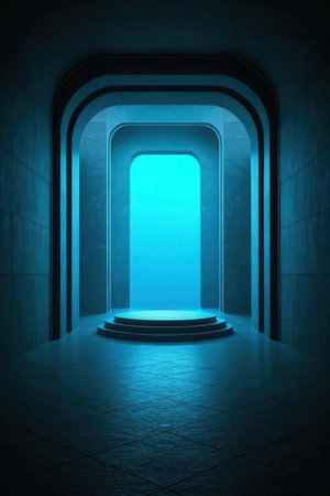 Futuristic corridor with blue light, 3d render, square imageの素材