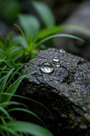 Water drops on stone in the garden with green grass in the backgroundの素材