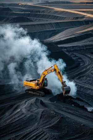 Coal mining in an open pit with excavators and heavy machineryの素材