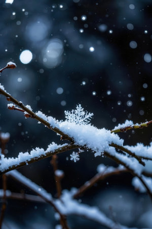 snowflakes on a tree branch in the winter forest.の素材