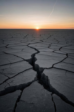 Dry cracked earth at sunset. Global warming and climate change conceptの素材