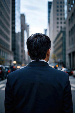 Back view of a young businessman standing in the middle of a streetの素材