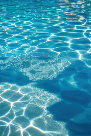 Blue swimming pool water with sun reflection. Background for your design.の素材
