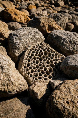 Hexagonal holes in the rocks. Close-up. Selective focus.の素材