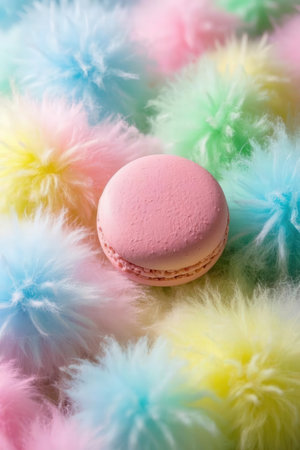 Colorful macaroon on the background of fluffy pompoms.の素材