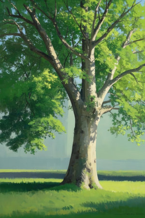 Oil painting of a big tree in a meadow with green grassの素材