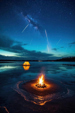 Camping on the lake at night with bonfire and starry skyの素材